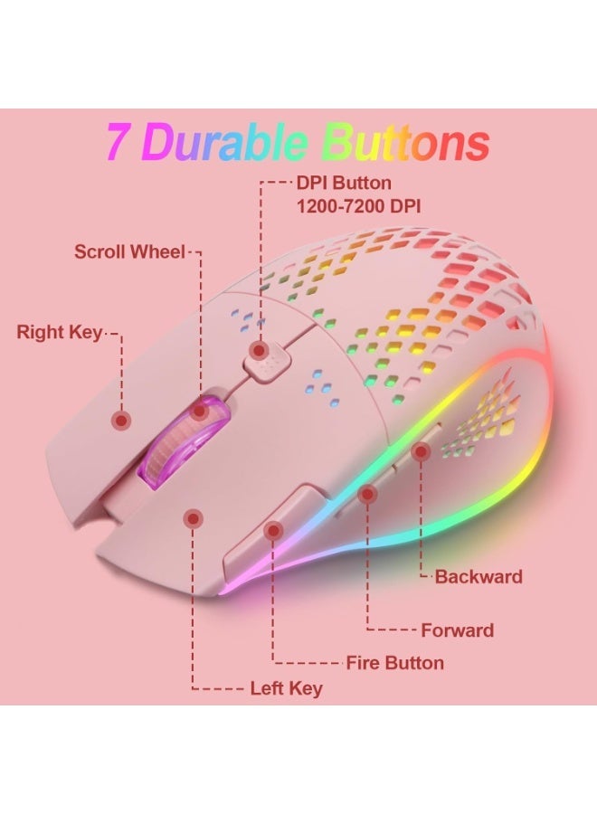 ماوس ألعاب لاسلكي، ماوس قابل لإعادة الشحن بنقرة صامتة مع أضواء LED ملونة ودرجة دقة 2400/1600/1000 DPI للابتوب والكمبيوتر (C30 وردي) - Image 3